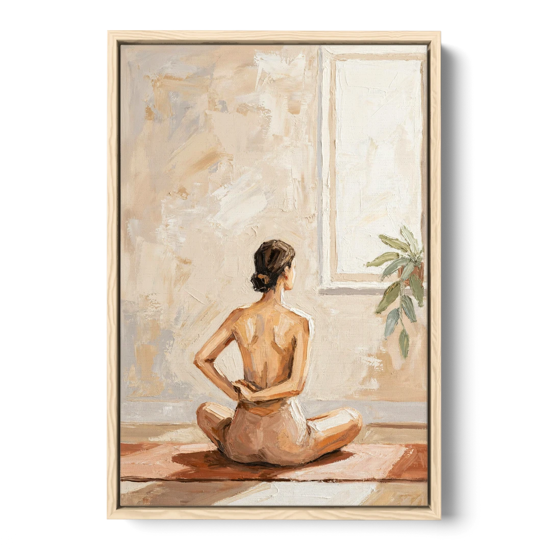 Yoga Wall Art Seated Pose by the Tall Window - Oak Framed Canvas Wall Art - Front