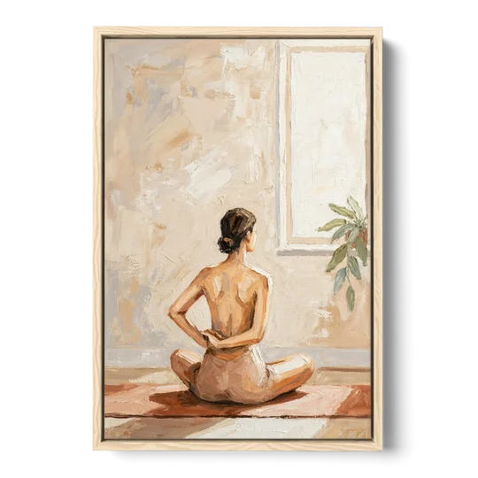 Yoga Wall Art Seated Pose by the Tall Window - Oak Framed Canvas Wall Art - Front
