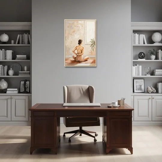 Yoga Wall Art Seated Pose by the Tall Window - Oak Framed Canvas Wall Art - Office - 24x36
