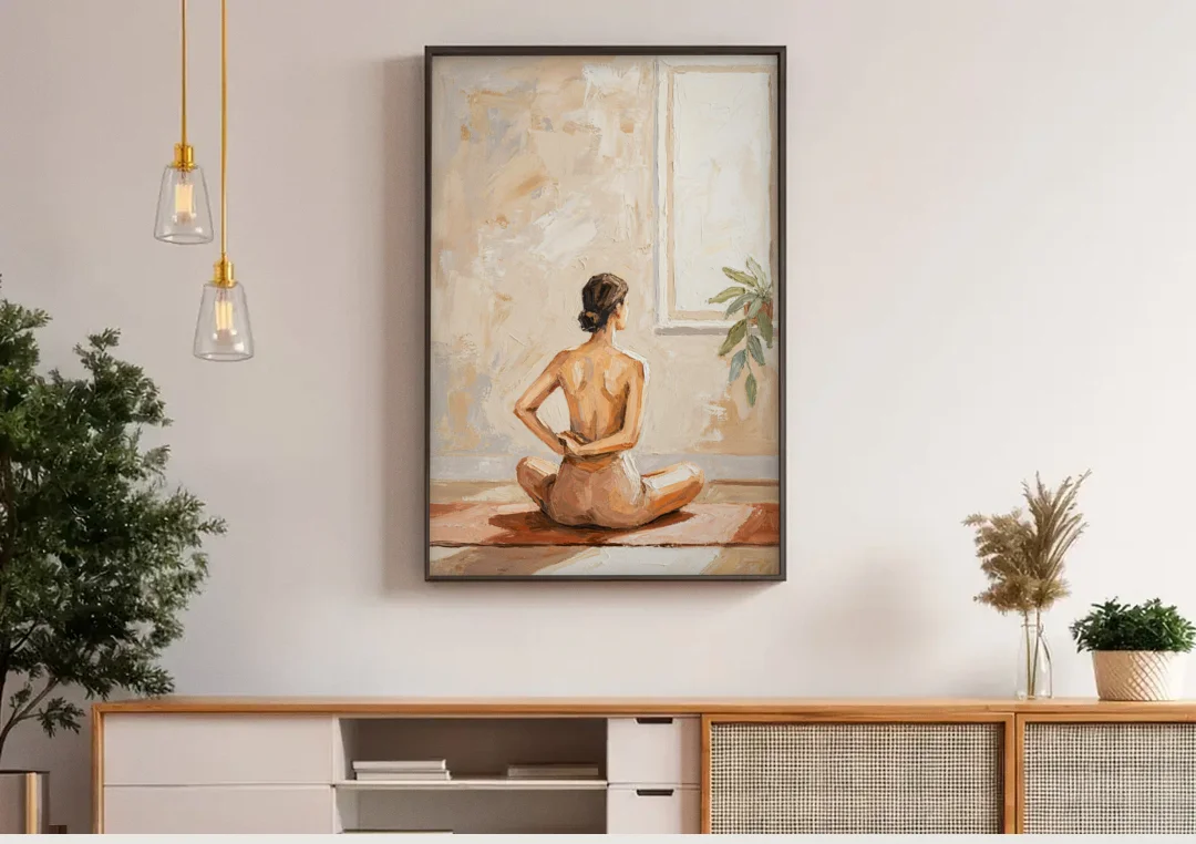 Yoga Wall Art Seated Pose by the Tall Window canvas wall art above a wooden sideboard under pendant lights