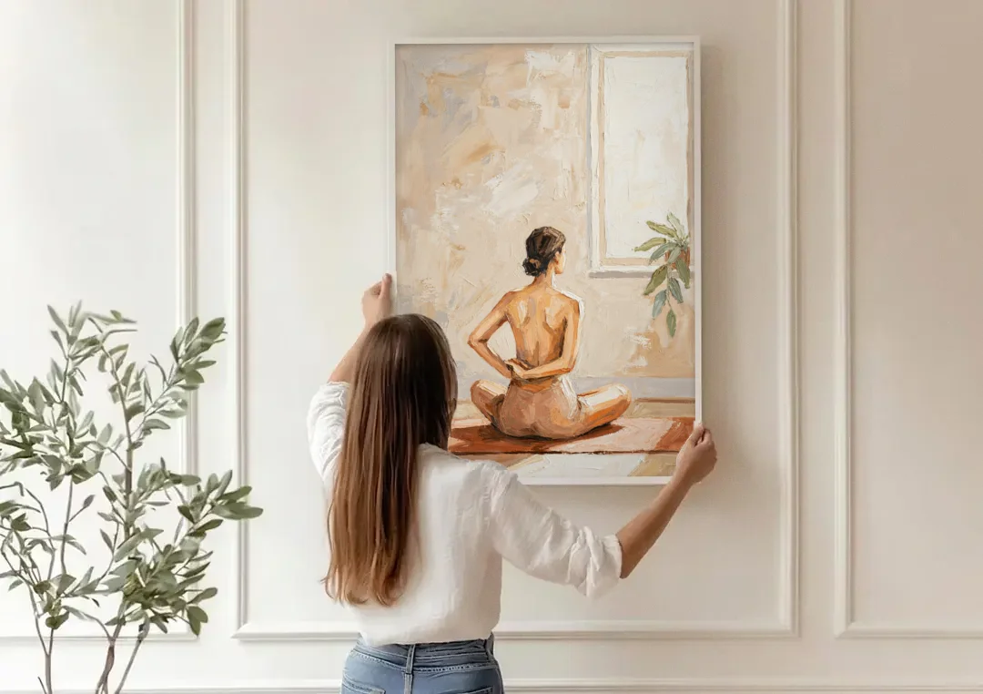 Yoga Wall Art Seated Pose by the Tall Window canvas wall art being hung on a paneled wall