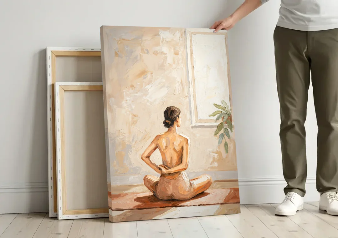 Yoga Wall Art Seated Pose by the Tall Window canvas wall art leaning against a wall next to blank canvases