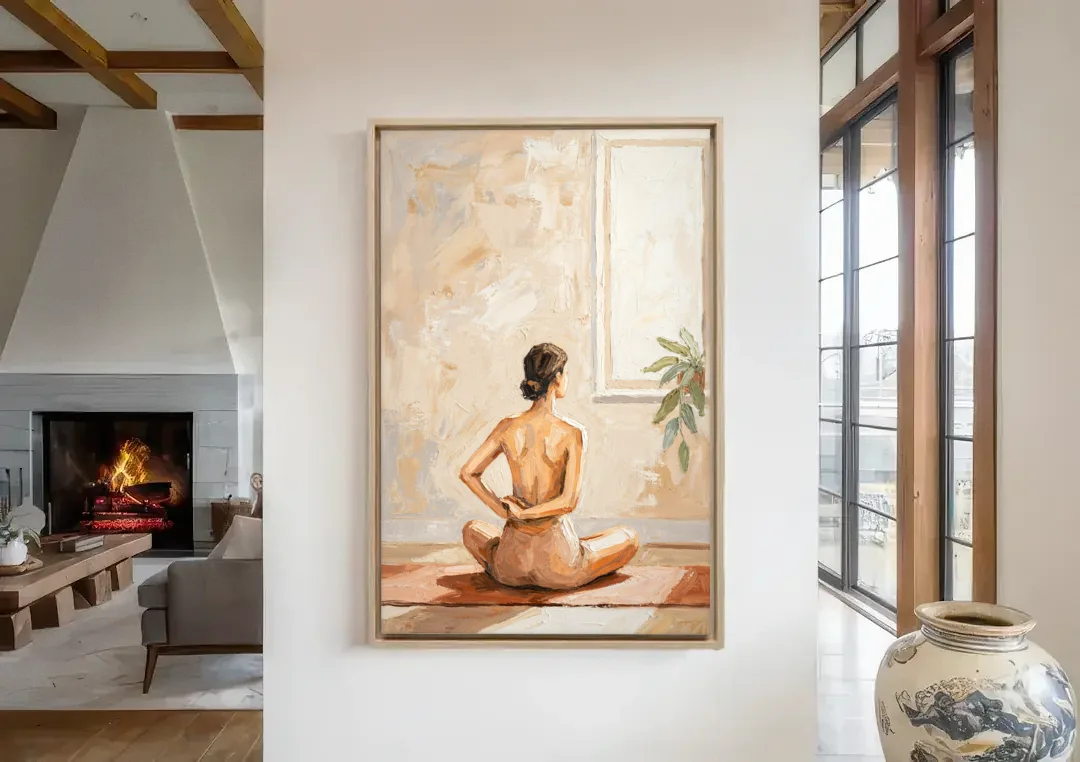 Yoga Wall Art Seated Pose by the Tall Window canvas wall art in a living room with a fireplace