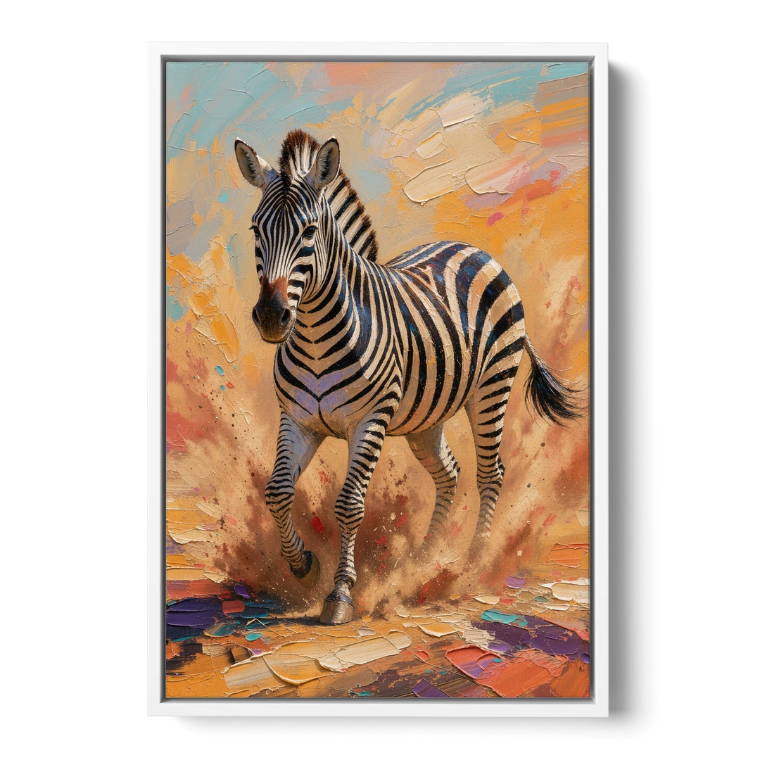 Safari Zebra Framed Art in Red Dust - White Framed Canvas Wall Art - Front