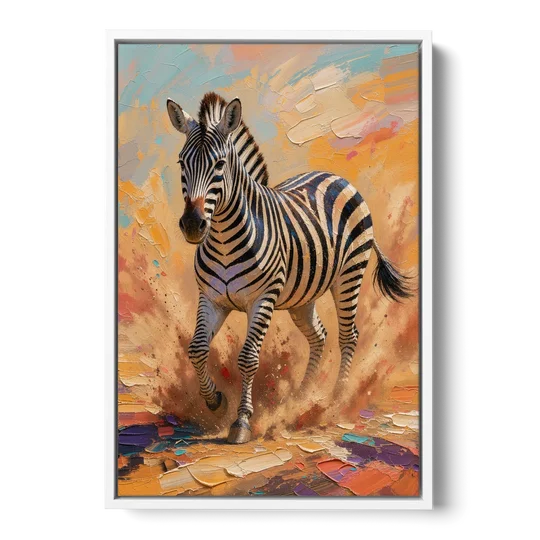 Safari Zebra Framed Art in Red Dust - White Framed Canvas Wall Art - Front