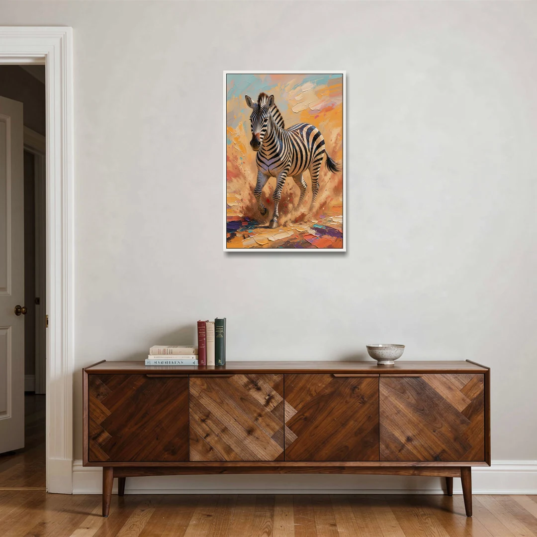 Safari Zebra Framed Art in Red Dust - White Framed Canvas Wall Art - Coffee Table - 24x36