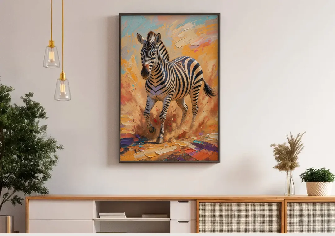 Safari Zebra Framed Art in Red Dust canvas wall art above a wooden sideboard under pendant lights