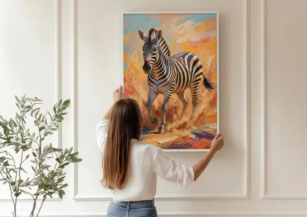 Safari Zebra Framed Art in Red Dust canvas wall art being hung on a paneled wall