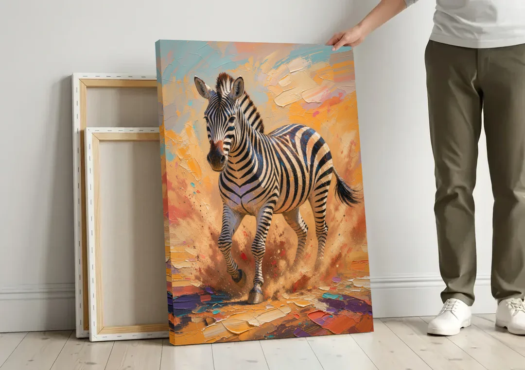 Safari Zebra Framed Art in Red Dust canvas wall art leaning against a wall next to blank canvases