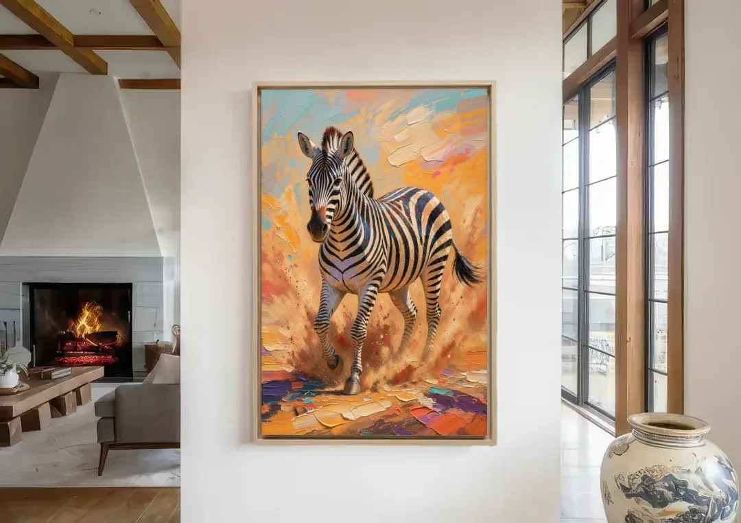 Safari Zebra Framed Art in Red Dust canvas wall art in a living room with a fireplace