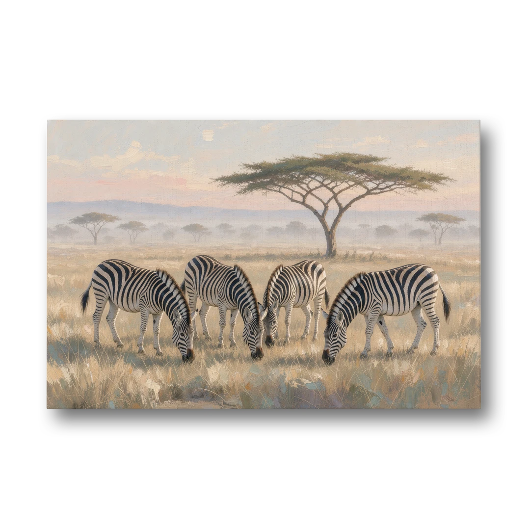 Zebra Grazing Under Acacia for the Living Room - Canvas Wall Art - Front