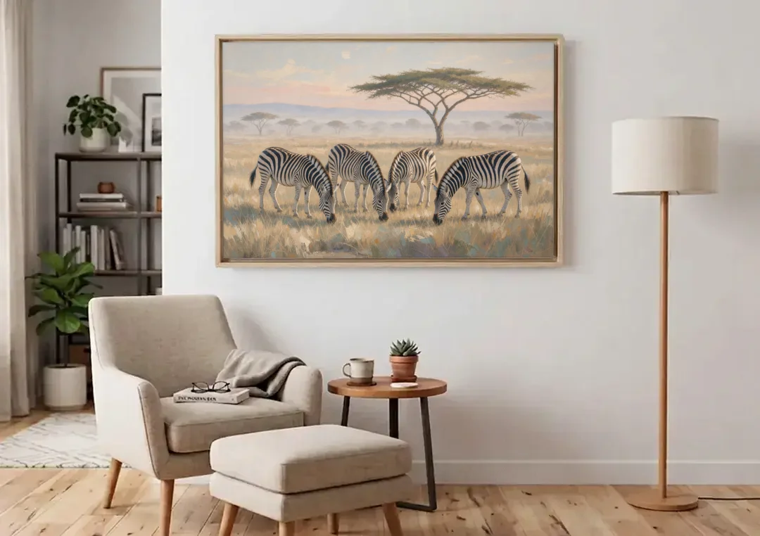 Zebra Grazing Under Acacia for the Living Room canvas wall art above an armchair in a bright living room