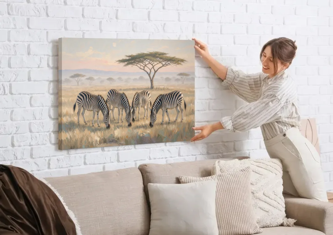 Zebra Grazing Under Acacia for the Living Room canvas wall art being hung on a white brick wall above a sofa