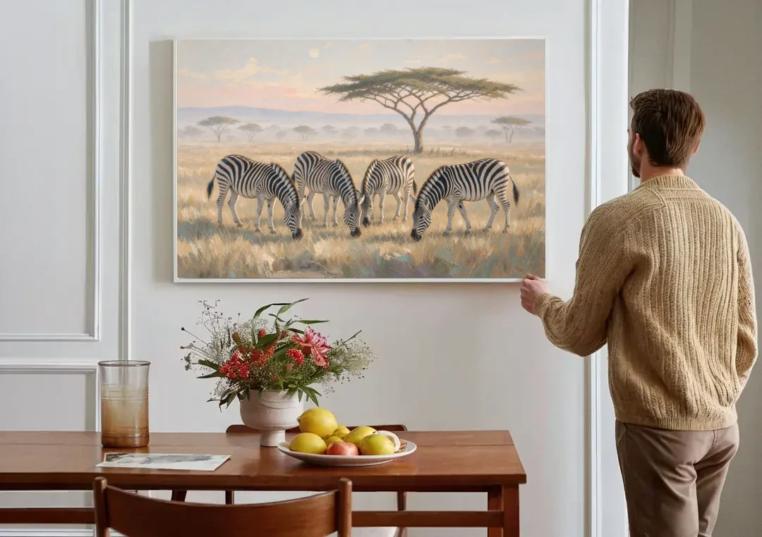 Zebra Grazing Under Acacia for the Living Room canvas wall art above a dining table
