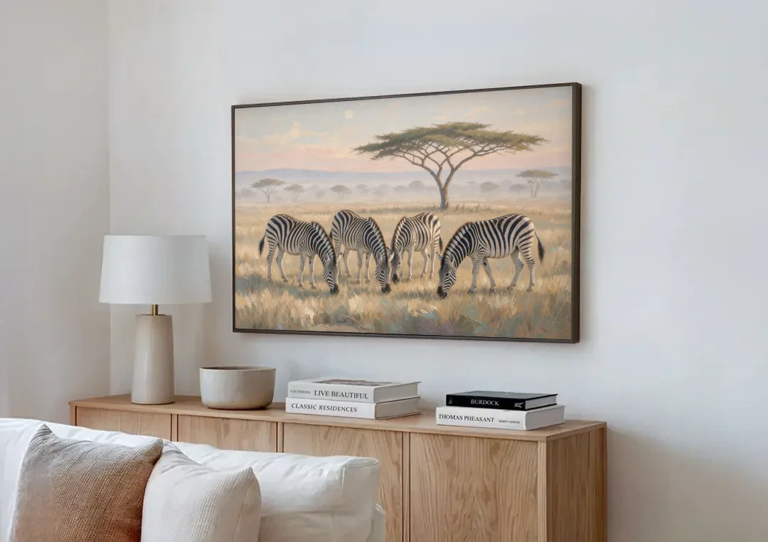 Zebra Grazing Under Acacia for the Living Room canvas wall art above a wooden sideboard next to a sofa