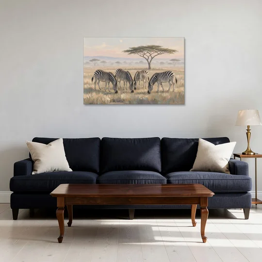 Zebra Grazing Under Acacia for the Living Room - Canvas Wall Art - Sofa - 36x24