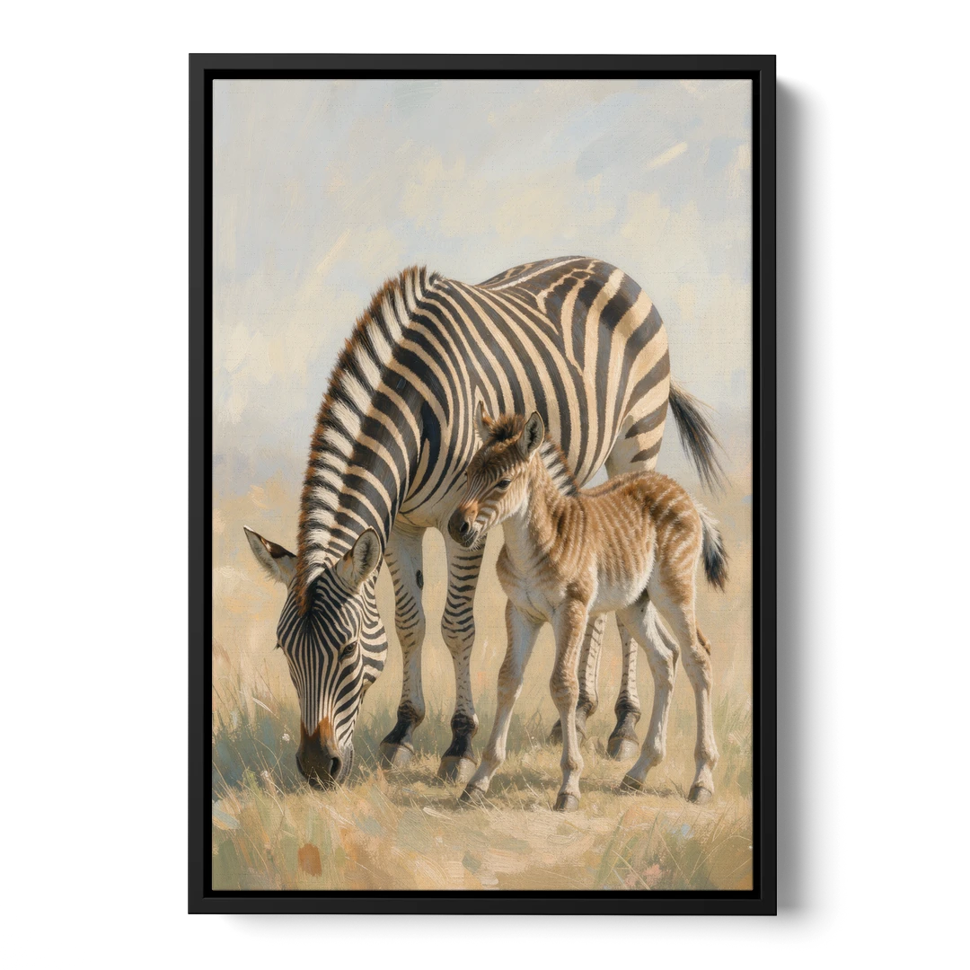 Zebra Mare Nuzzling Her Foal for the Bathroom - Black Framed Canvas Wall Art - Front
