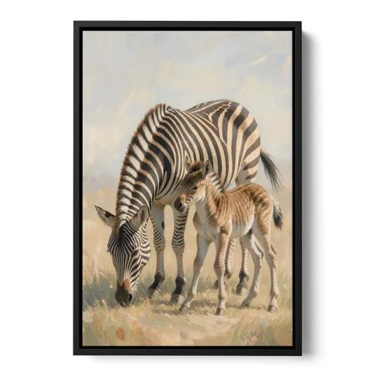 Zebra Mare Nuzzling Her Foal for the Bathroom - Black Framed Canvas Wall Art - Front