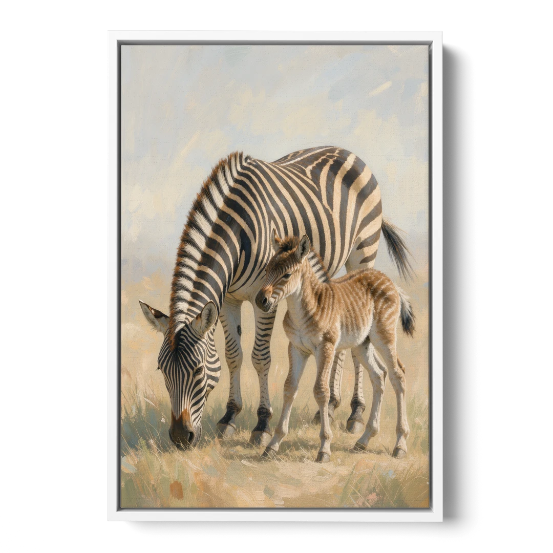 Zebra Mare Nuzzling Her Foal for the Bathroom - White Framed Canvas Wall Art - Front