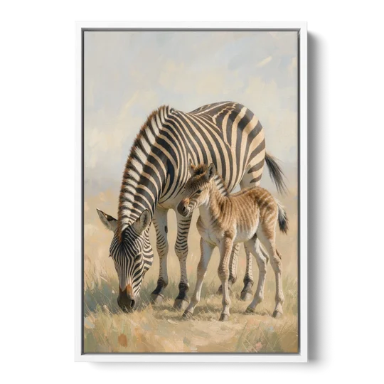 Zebra Mare Nuzzling Her Foal for the Bathroom - White Framed Canvas Wall Art - Front