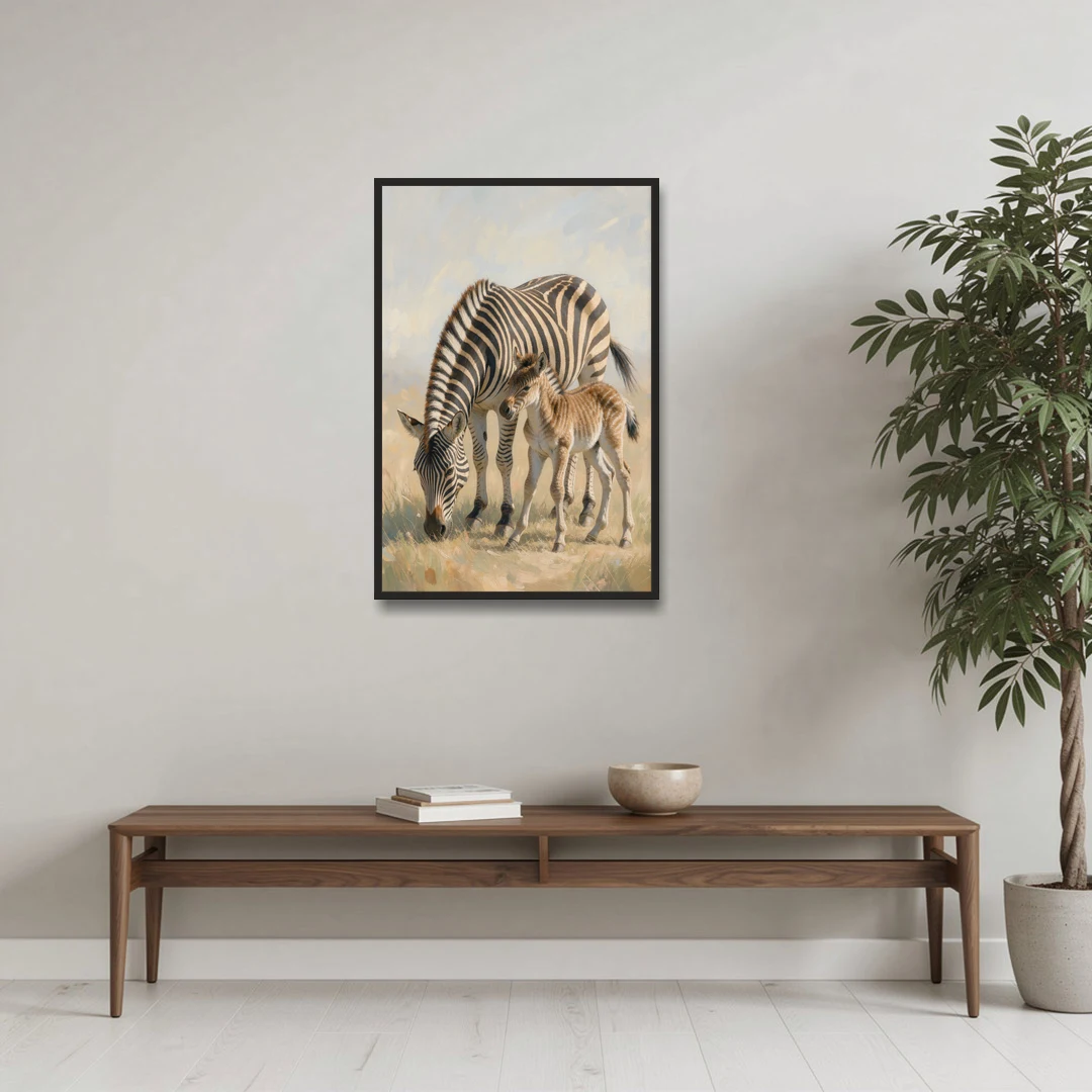 Zebra Mare Nuzzling Her Foal for the Bathroom - Black Framed Canvas Wall Art - Coffee Table - 24x36