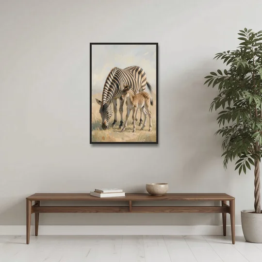 Zebra Mare Nuzzling Her Foal for the Bathroom - Black Framed Canvas Wall Art - Coffee Table - 24x36