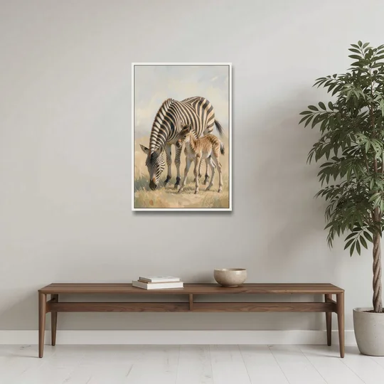 Zebra Mare Nuzzling Her Foal for the Bathroom - White Framed Canvas Wall Art - Coffee Table - 24x36