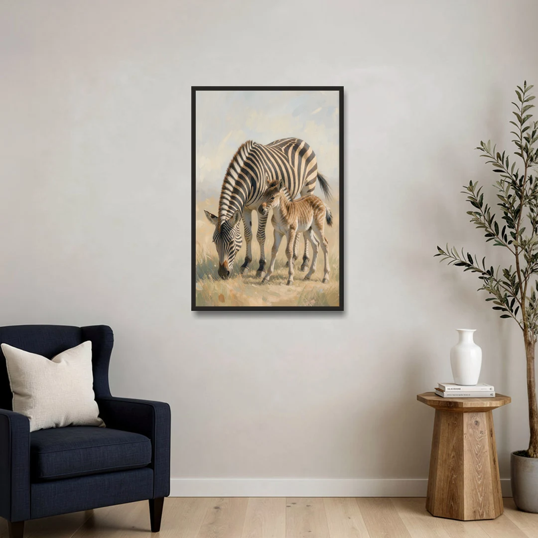 Zebra Mare Nuzzling Her Foal for the Bathroom - Black Framed Canvas Wall Art - Sofa - 24x36