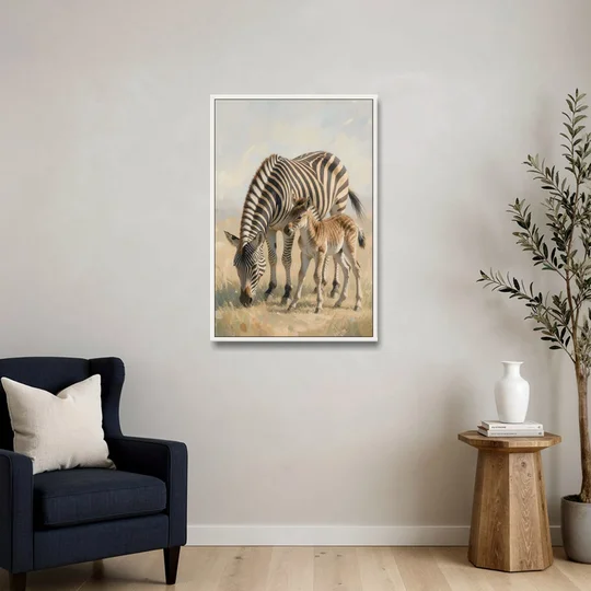 Zebra Mare Nuzzling Her Foal for the Bathroom - White Framed Canvas Wall Art - Sofa - 24x36