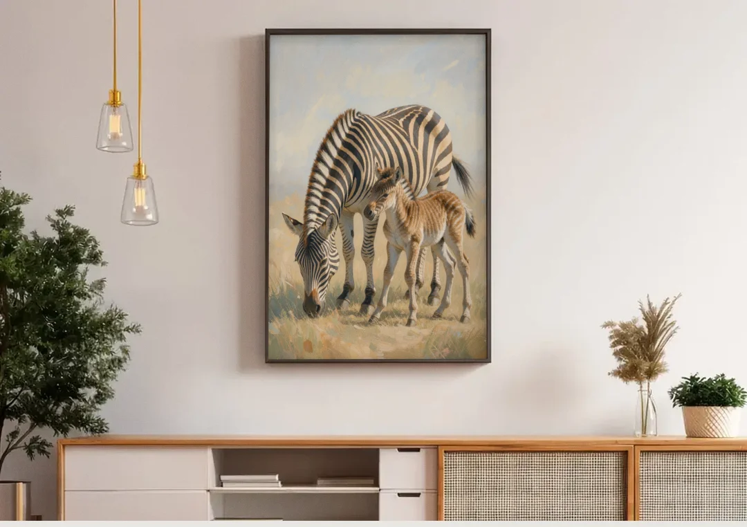 Zebra Mare Nuzzling Her Foal for the Bathroom canvas wall art above a wooden sideboard under pendant lights