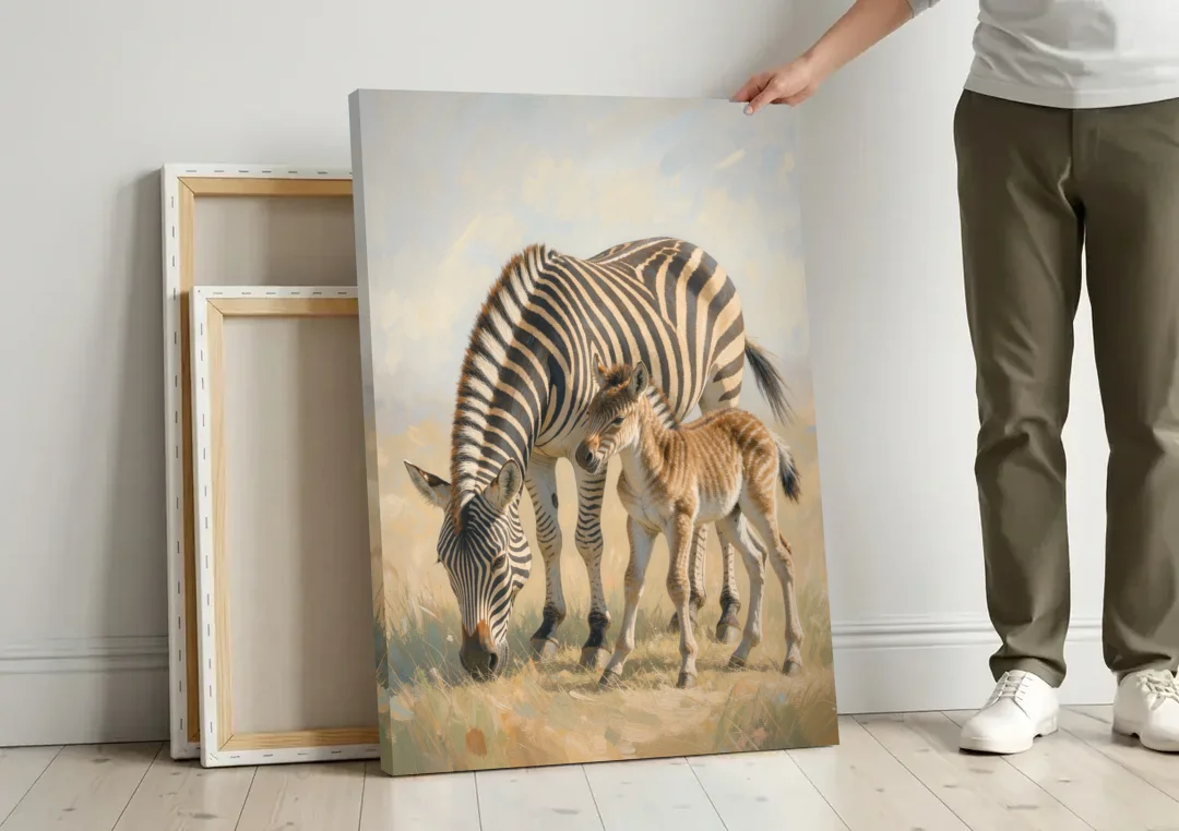 Zebra Mare Nuzzling Her Foal for the Bathroom canvas wall art leaning against a wall next to blank canvases