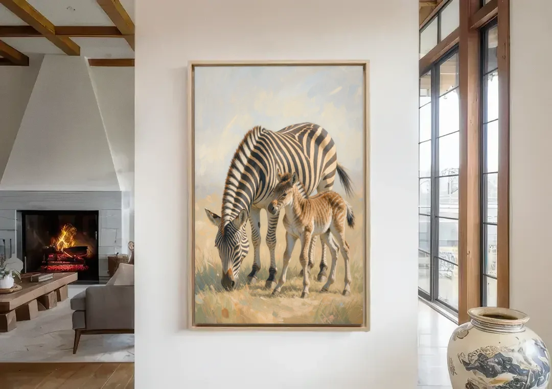Zebra Mare Nuzzling Her Foal for the Bathroom canvas wall art in a living room with a fireplace