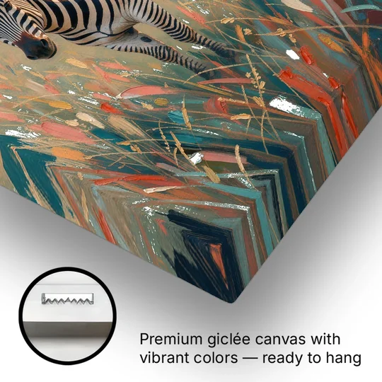 Zebra Oil Painting in Sunset Grass - Canvas Wall Art - Gallery Wrap Corner