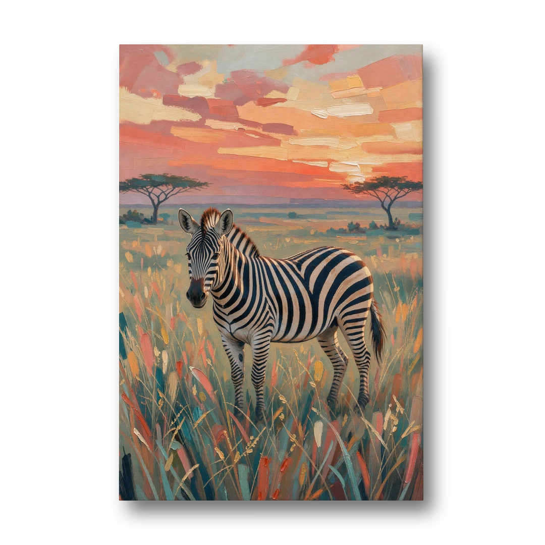Zebra Oil Painting in Sunset Grass - Canvas Wall Art - Front