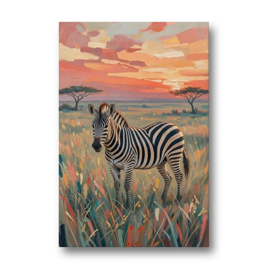 Zebra Oil Painting in Sunset Grass - Canvas Wall Art - Front