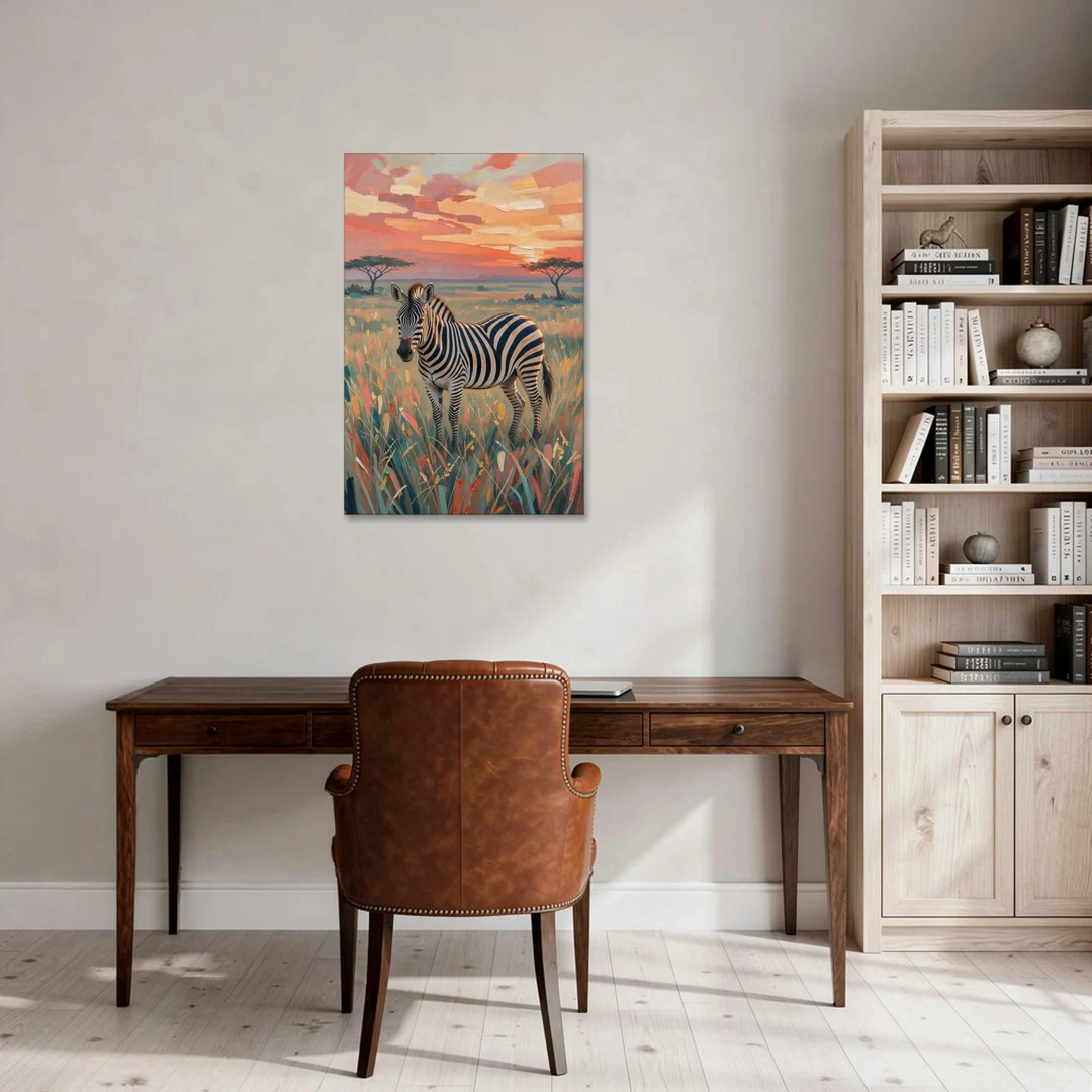 Zebra Oil Painting in Sunset Grass - Canvas Wall Art - Office - 24x36