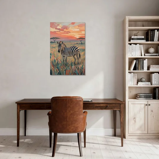 Zebra Oil Painting in Sunset Grass - Canvas Wall Art - Office - 24x36