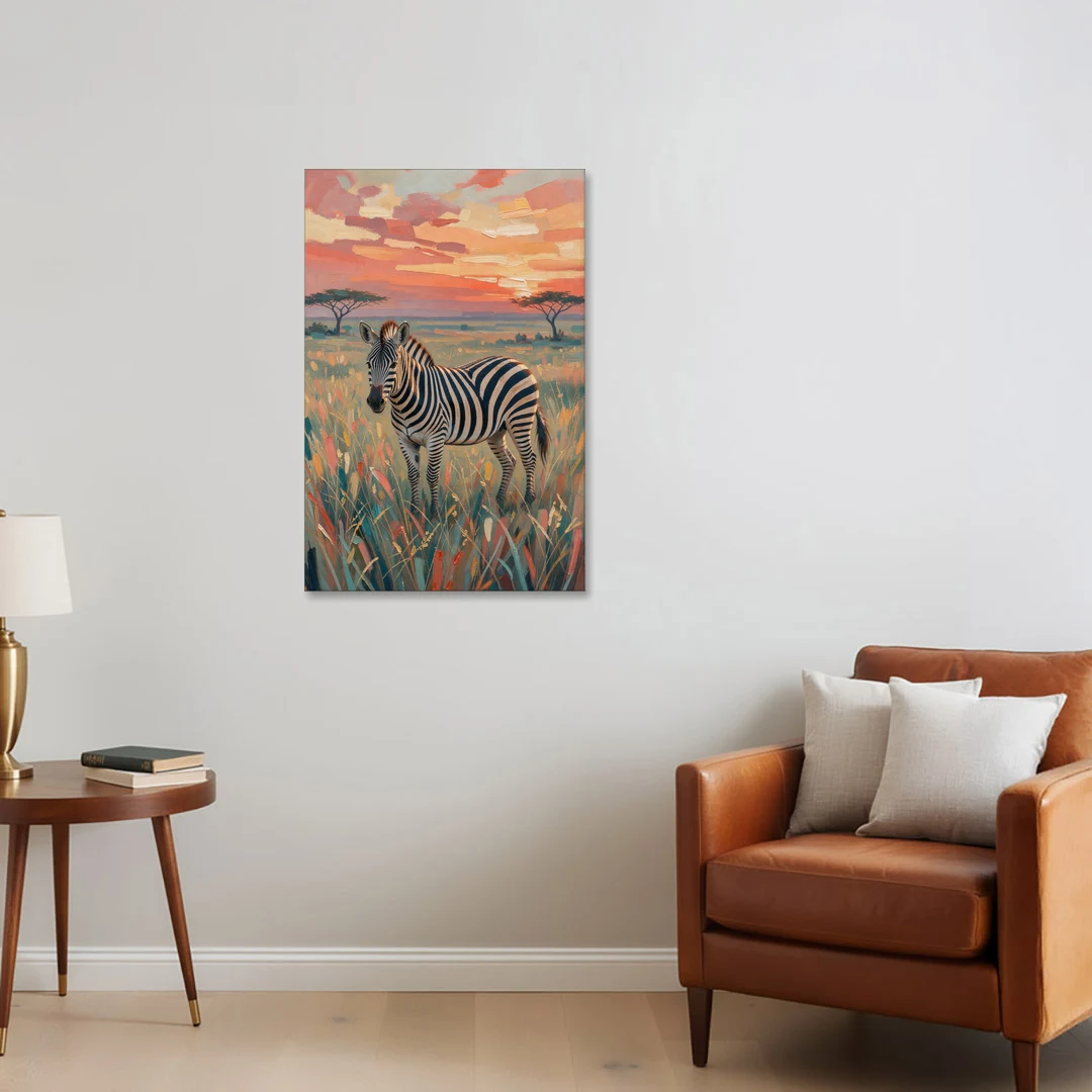 Zebra Oil Painting in Sunset Grass - Canvas Wall Art - Sofa - 24x36