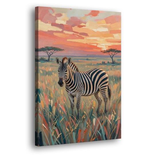 Zebra Oil Painting in Sunset Grass - Canvas Wall Art - Side