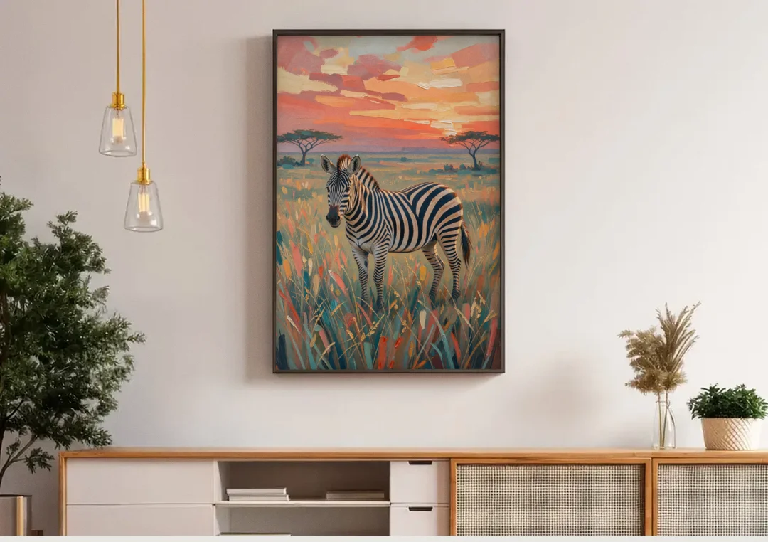 Zebra Oil Painting in Sunset Grass canvas wall art above a wooden sideboard under pendant lights