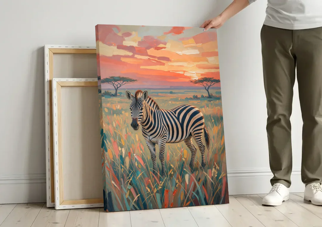 Zebra Oil Painting in Sunset Grass canvas wall art leaning against a wall next to blank canvases