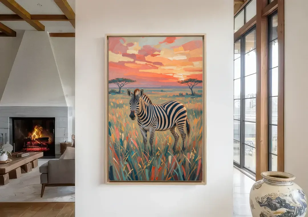 Zebra Oil Painting in Sunset Grass canvas wall art in a living room with a fireplace