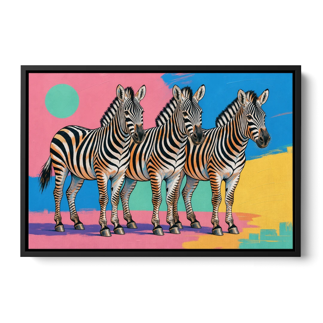 Zebra Pop Art Trio for the Living Room - Black Framed Canvas Wall Art - Front