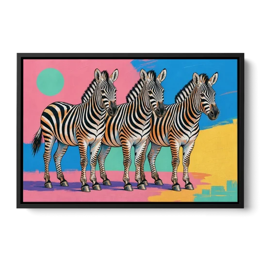 Zebra Pop Art Trio for the Living Room - Black Framed Canvas Wall Art - Front