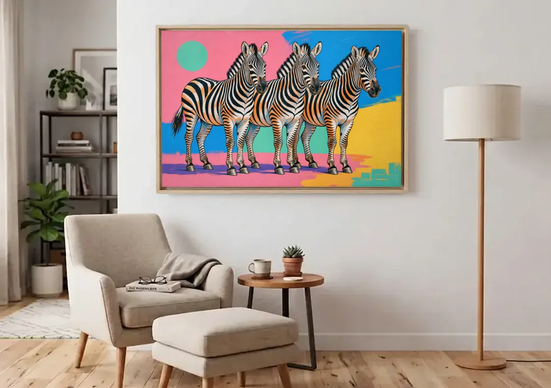 Zebra Pop Art Trio for the Living Room canvas wall art above an armchair in a bright living room
