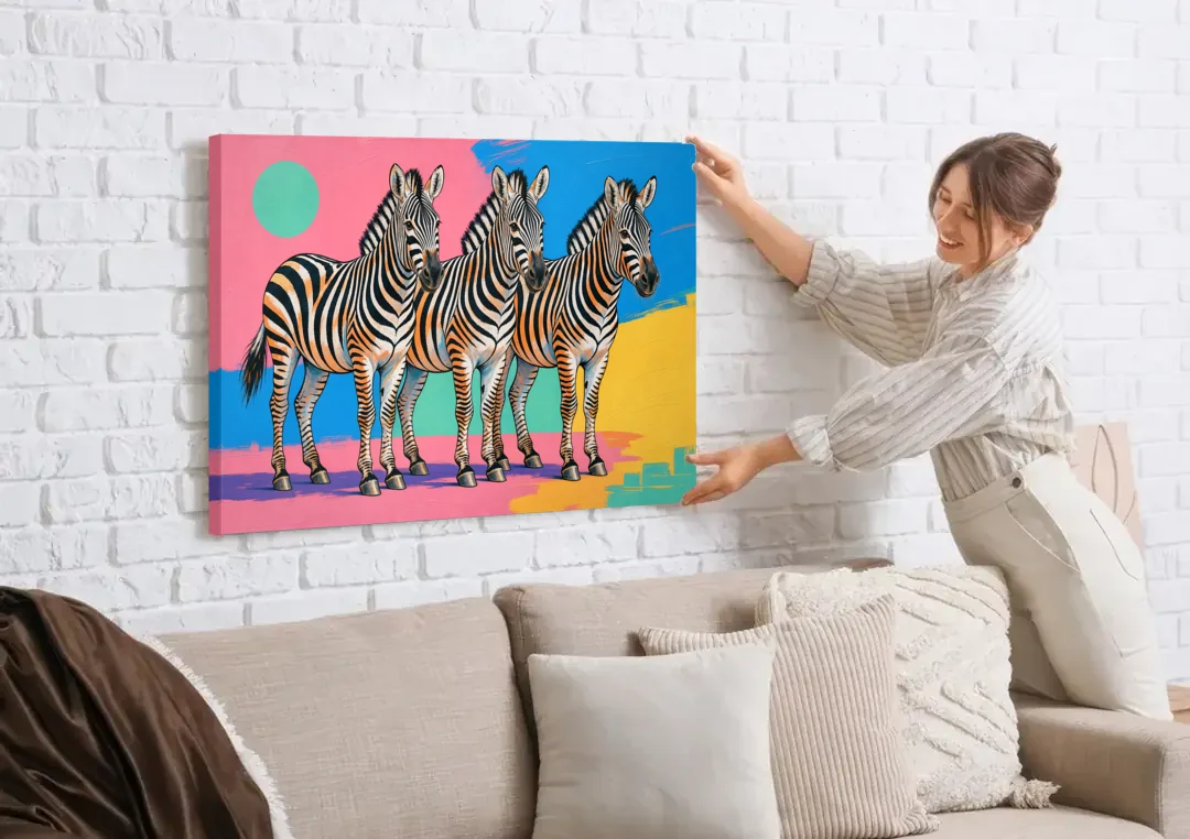 Zebra Pop Art Trio for the Living Room canvas wall art being hung on a white brick wall above a sofa