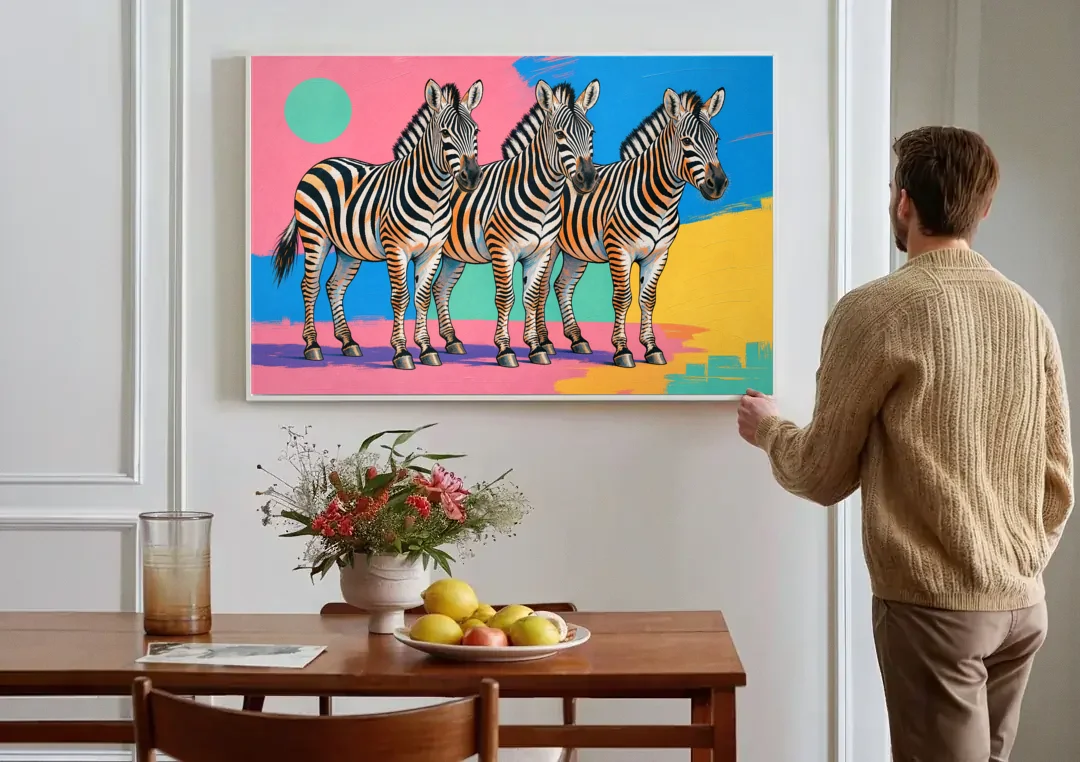 Zebra Pop Art Trio for the Living Room canvas wall art above a dining table