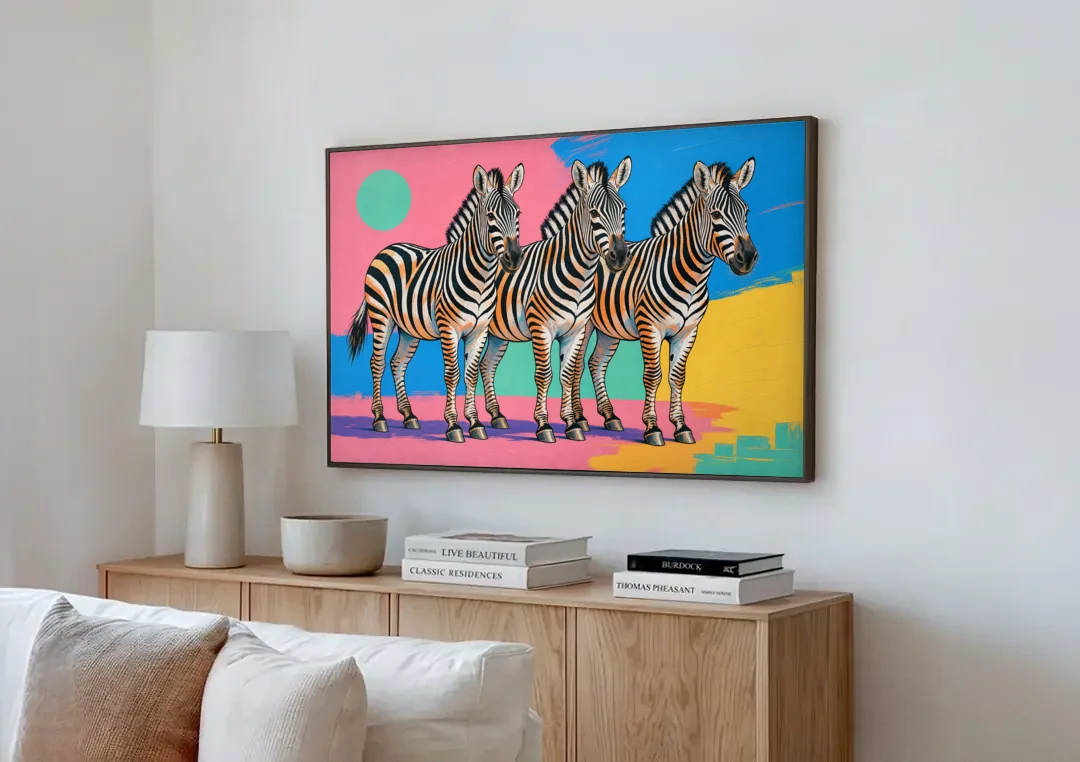 Zebra Pop Art Trio for the Living Room canvas wall art above a wooden sideboard next to a sofa