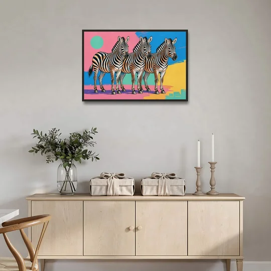 Zebra Pop Art Trio for the Living Room - Black Framed Canvas Wall Art - Coffee Table - 36x24