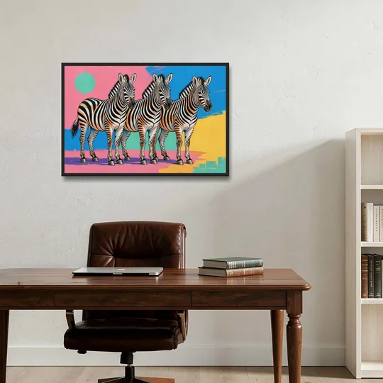 Zebra Pop Art Trio for the Living Room - Black Framed Canvas Wall Art - Office - 36x24